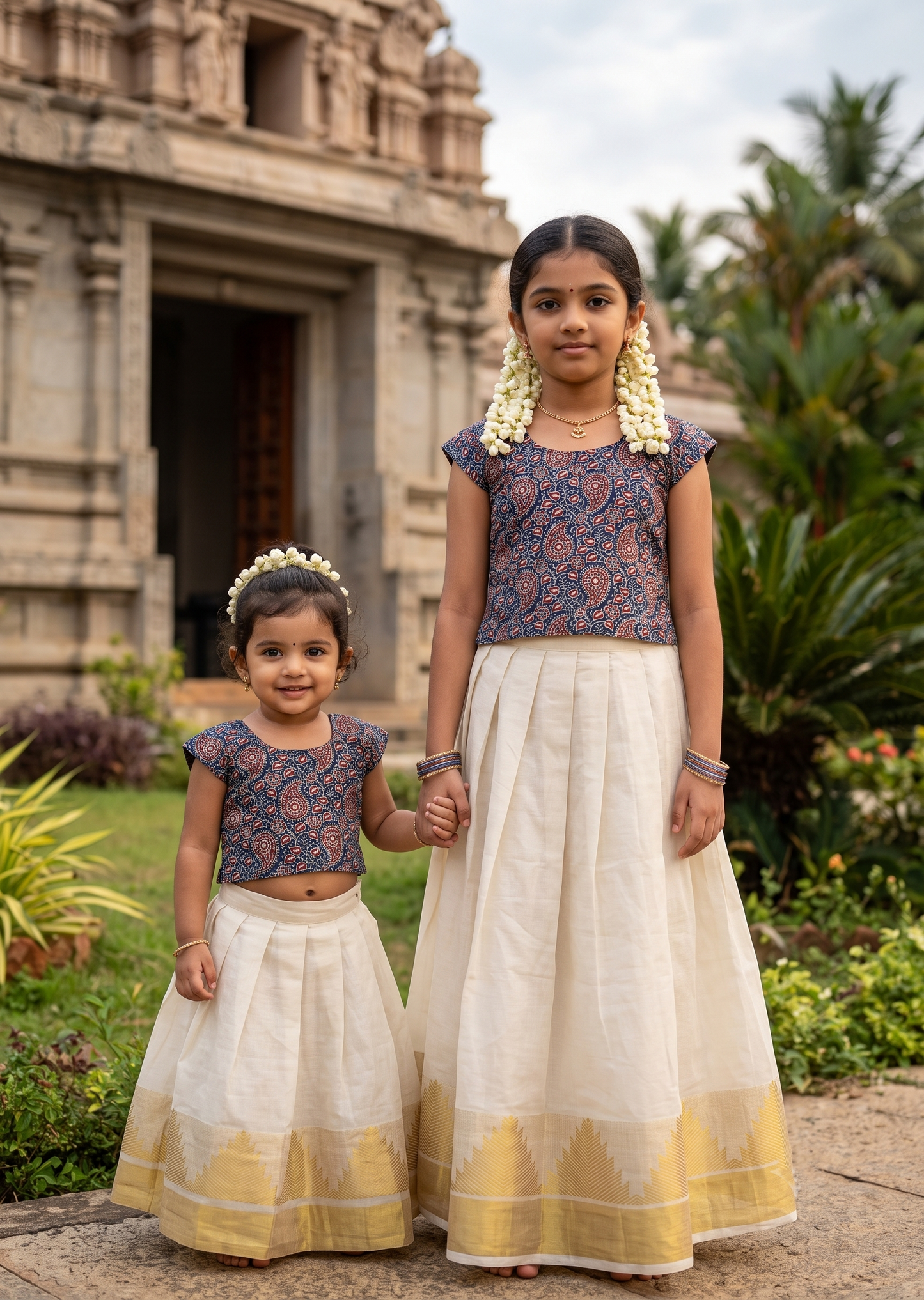 Southloom Kerala Tissue Kasavu Ajrakh Printed Pavada & Blouse with for Kids SL606
