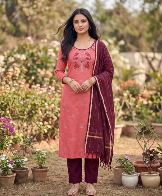Southloom™ Cotton  3 Piece peach Salwar Material with printed design