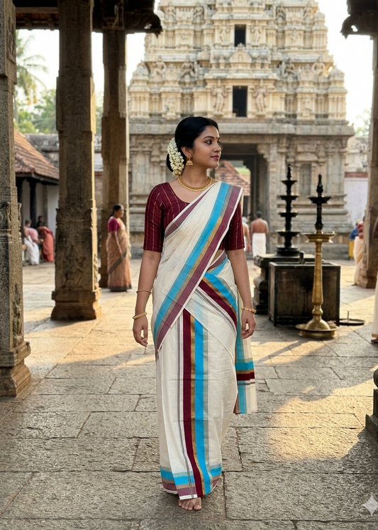 Kerala Cotton Blue & Maroon Kara With Golden Kasavu Single Set Mundu (2.80 mtrs) SL427