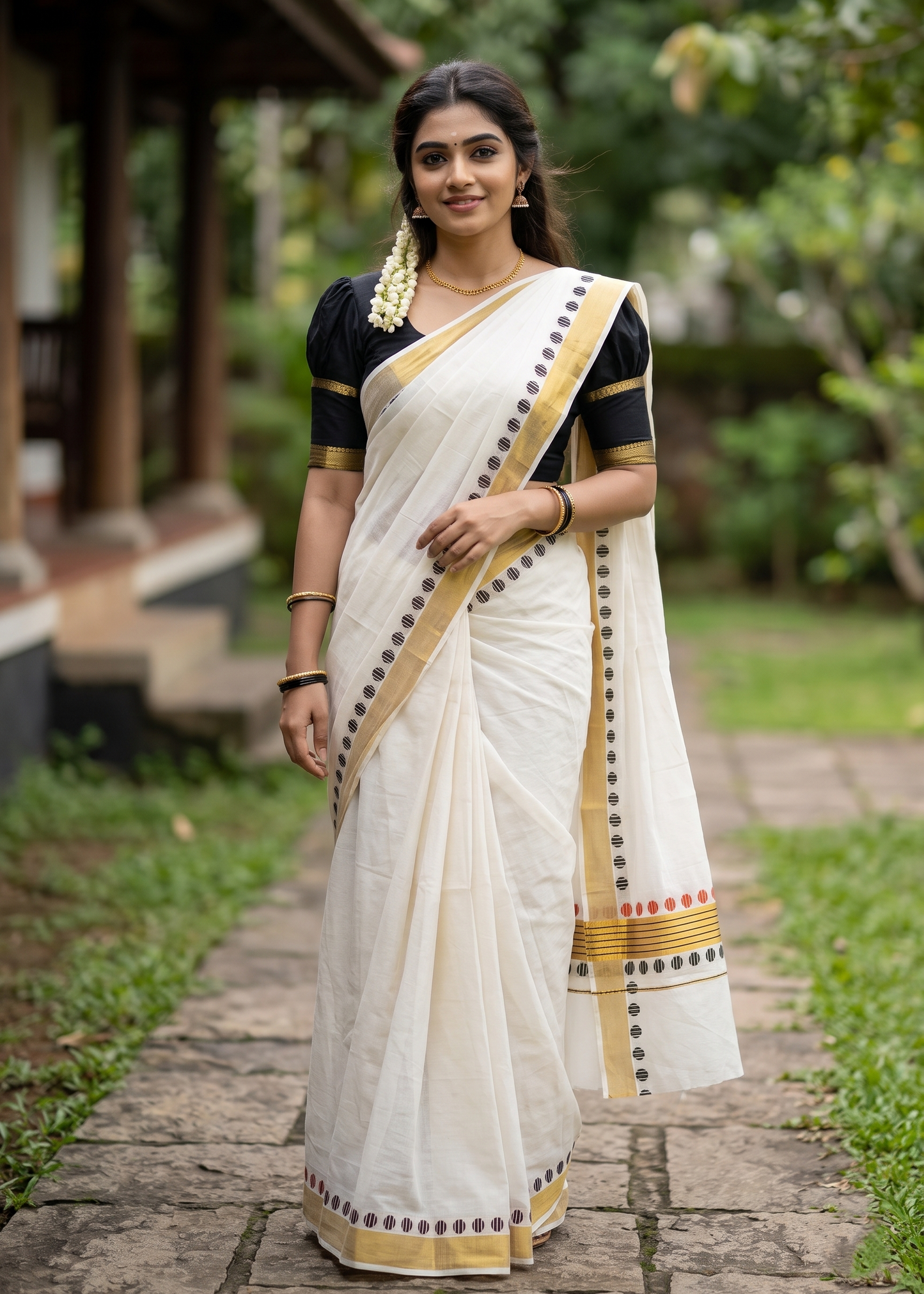 Southloom Kerala Cotton Kasavu Saree With Red And Black Polka Dot Borders