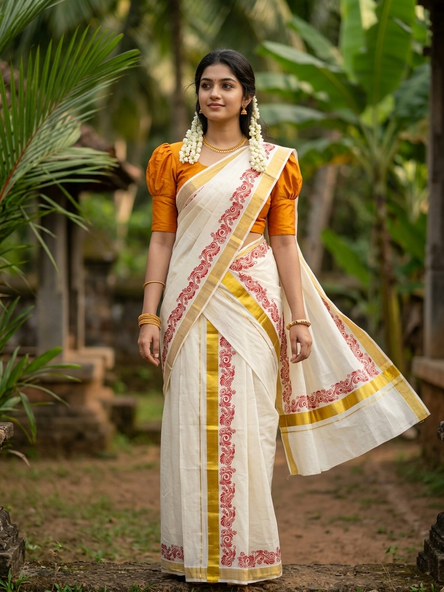 Southloom Pure Cotton Kerala Single Floral Print Set Mundu (Mundum Neriyathum) Orange Border in 2.80 mtrs SL245