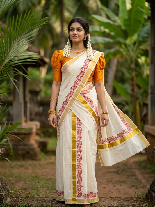 Southloom Pure Cotton Kerala Single Floral Print Set Mundu (Mundum Neriyathum) Orange Border in 2.80 mtrs SL245