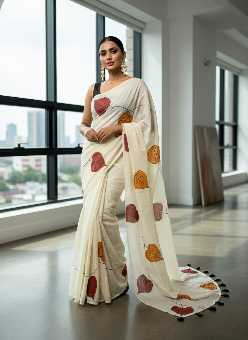 Southloom Kerala Cotton Saree with Leaf Digital Print on Borders