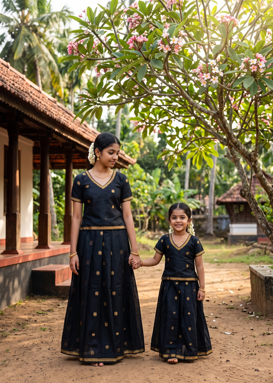 Southloom Kerala Cotton Kasavu Pavada Blouse with for Kids Black SL583