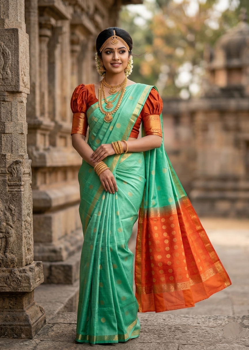 Southloom Premium Handloom Bridal Kanchipuram Silk Saree with Korvai Work (Green)