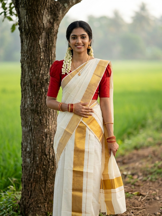 Kerala Cotton Plain Single Set Mundu (Mundum Neriyathum) with Half Fine Dark Kasavu Border 3 inches