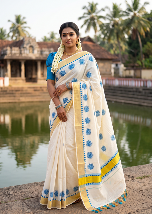 Southloom Cotton Kerala Kasavu Saree with Digital Print On Body With Temple Borders With Tussles In Blue SL519