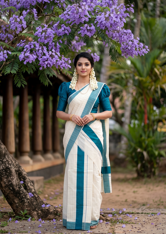 Southloom Pure Cotton Kerala Single Set Mundu (Mundum Neriyathum) with Stripes Design in Peacock Blue 2.80 Mtrs SL355