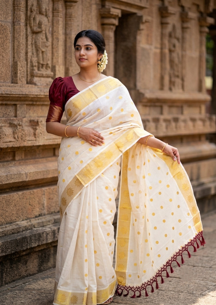 Southloom Kerala Cotton Kasavu Saree with Polka Woven Works on Body and Lotus Border with Maroon Tassels SL513