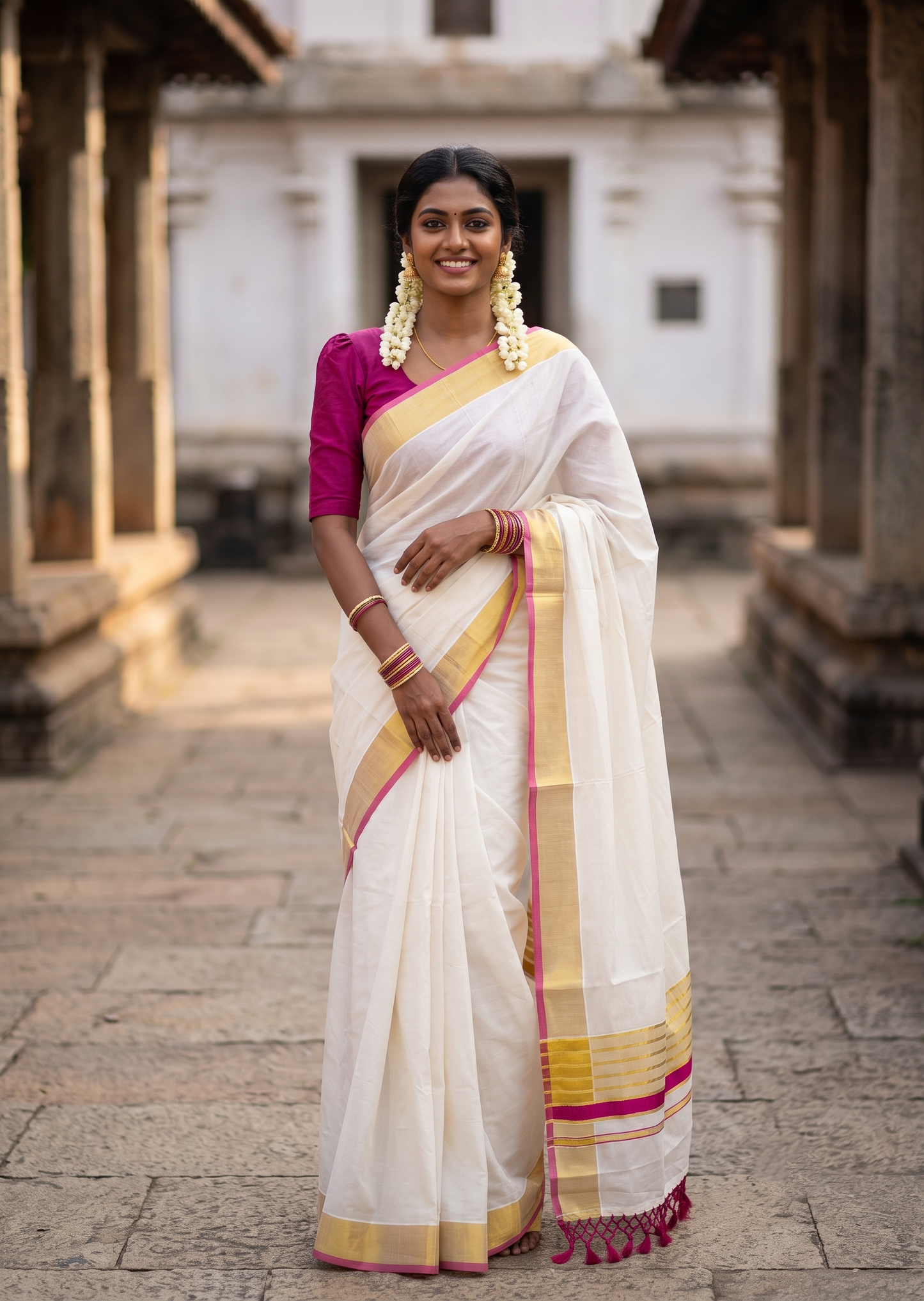 Southloom Pure Cotton Kerala Kasavu Saree with Gold Stripes on Body with Pink Borders SL449