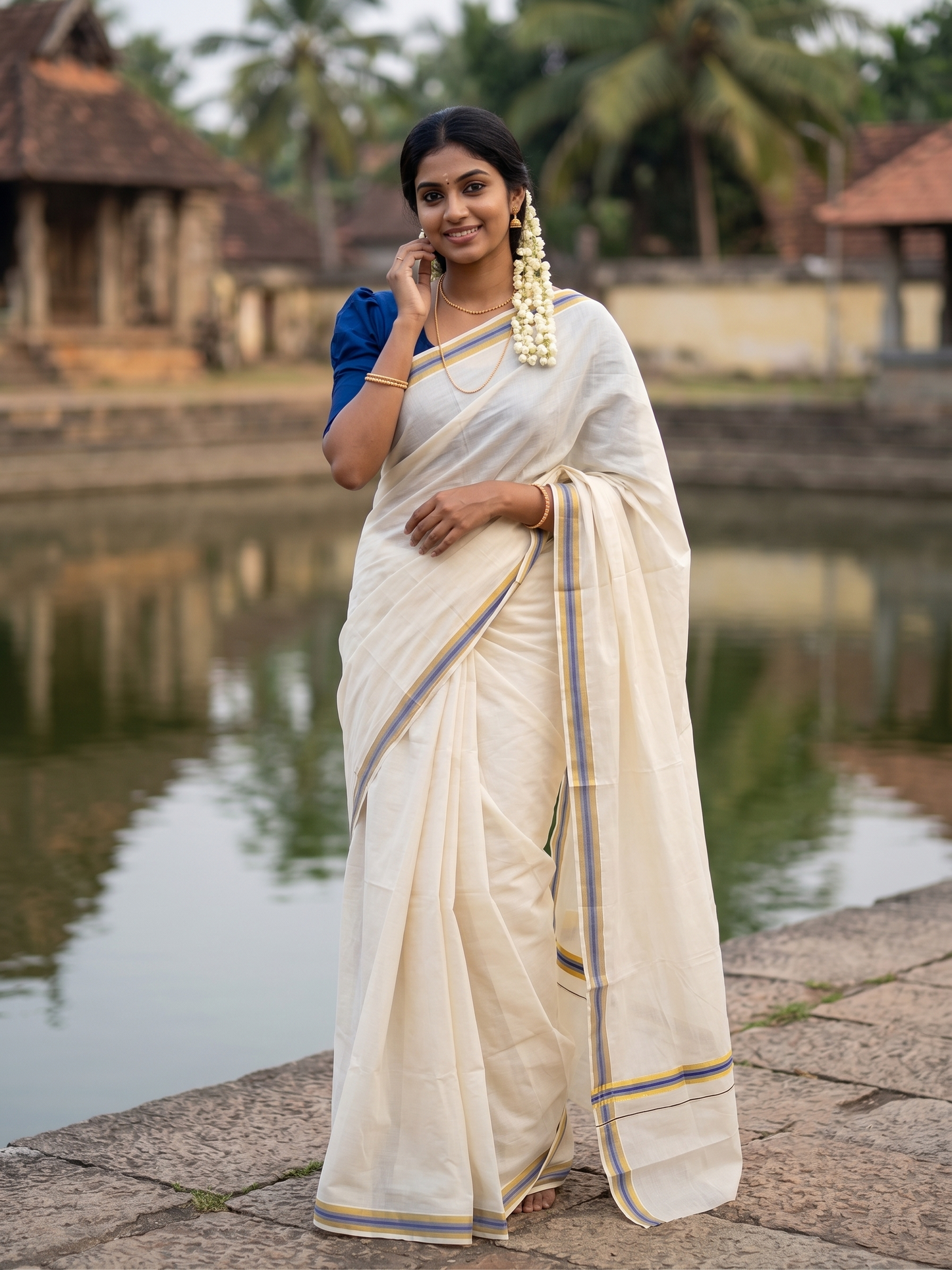 Southloom Pure Cotton Kerala Saree with Kasavu and Blue Border