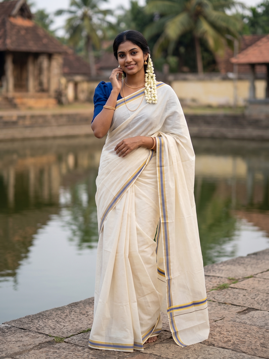 Southloom Pure Cotton Kerala Saree with Kasavu and Blue Border