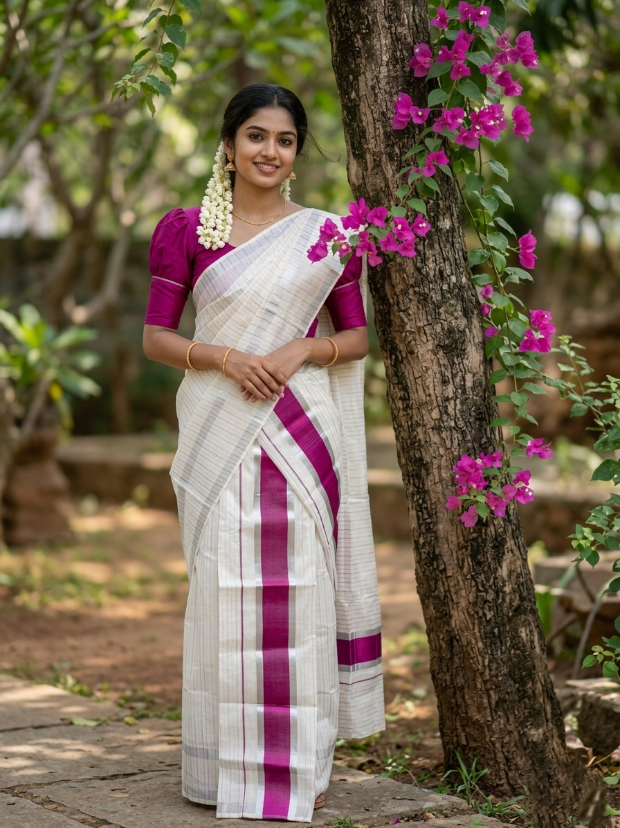 Kerala Cotton Set Mundu Single (Mundum Neriyathum) with Silver and Dark Pink Kasavu Lines Across Body 2.80 Mtrs