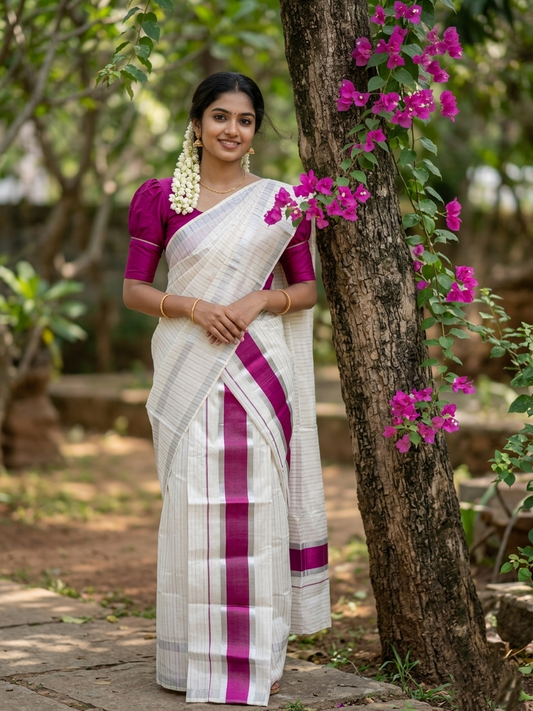 Kerala Cotton Set Mundu Single (Mundum Neriyathum) with Silver and Dark Pink Kasavu Lines Across Body 2.80 Mtrs