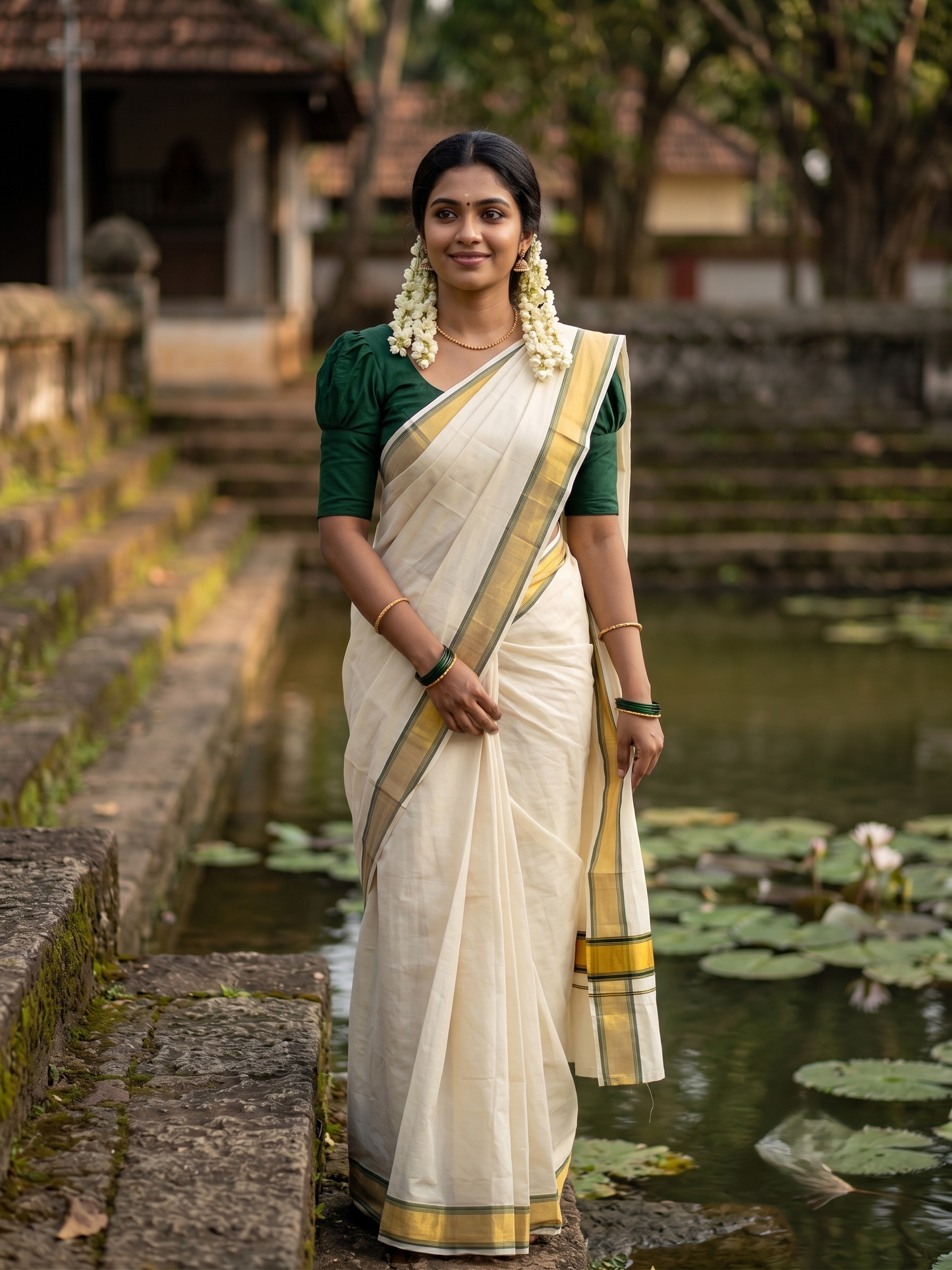 Southloom Kerala Cotton Kasavu Saree with Green Border