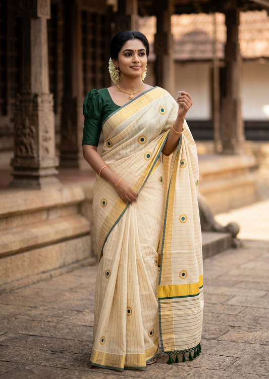 Southloom Kerala Tissue Kasavu Lines Saree with Embroidery Work on Body in Green