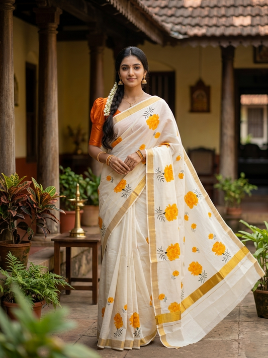 Pure Cotton Kerala Kasavu Saree with Floral Block Printed Designs