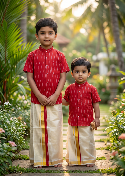 Southloom Tissue Ikat Printed Kids's Combo (Shirt + Velcro Mundu) SLKCOMBO SL602
