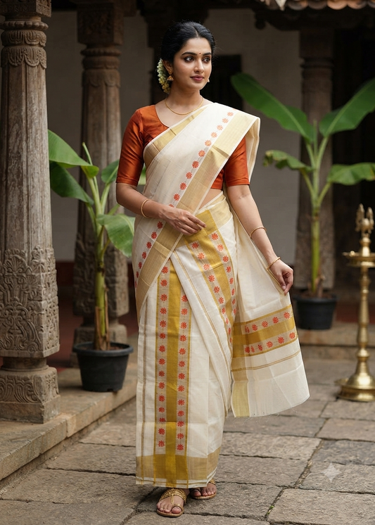 Kerala Cotton Orange Colour Lotus Printed Set Mundu (2.80 mtrs) SL516