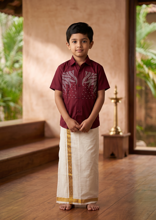 Southloom Cotton Stone Work Kids's Combo (Shirt + Velcro Mundu) SLKCOMBO