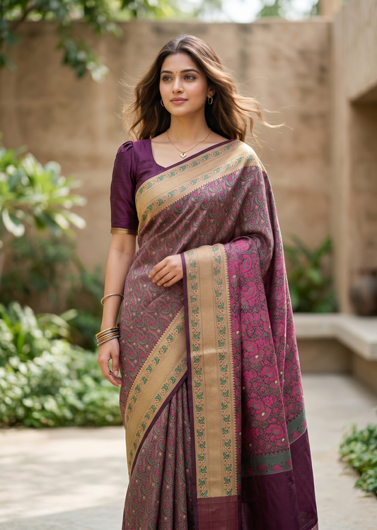 Southloom Resham Work Soft Cotton Banarasi Saree with Woven Work on Body and Borders