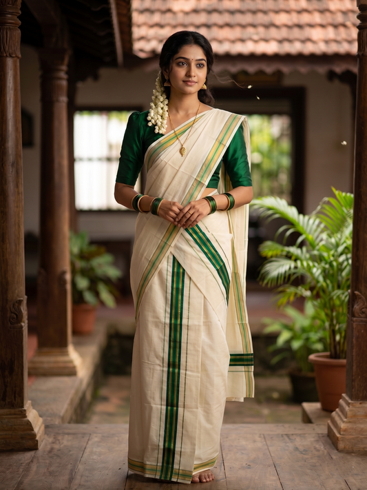 Kerala Cotton Set Mundu (Mundum Neriyathum) with Green and Kasavu Border 2.80 Mtrs SLKK SL470
