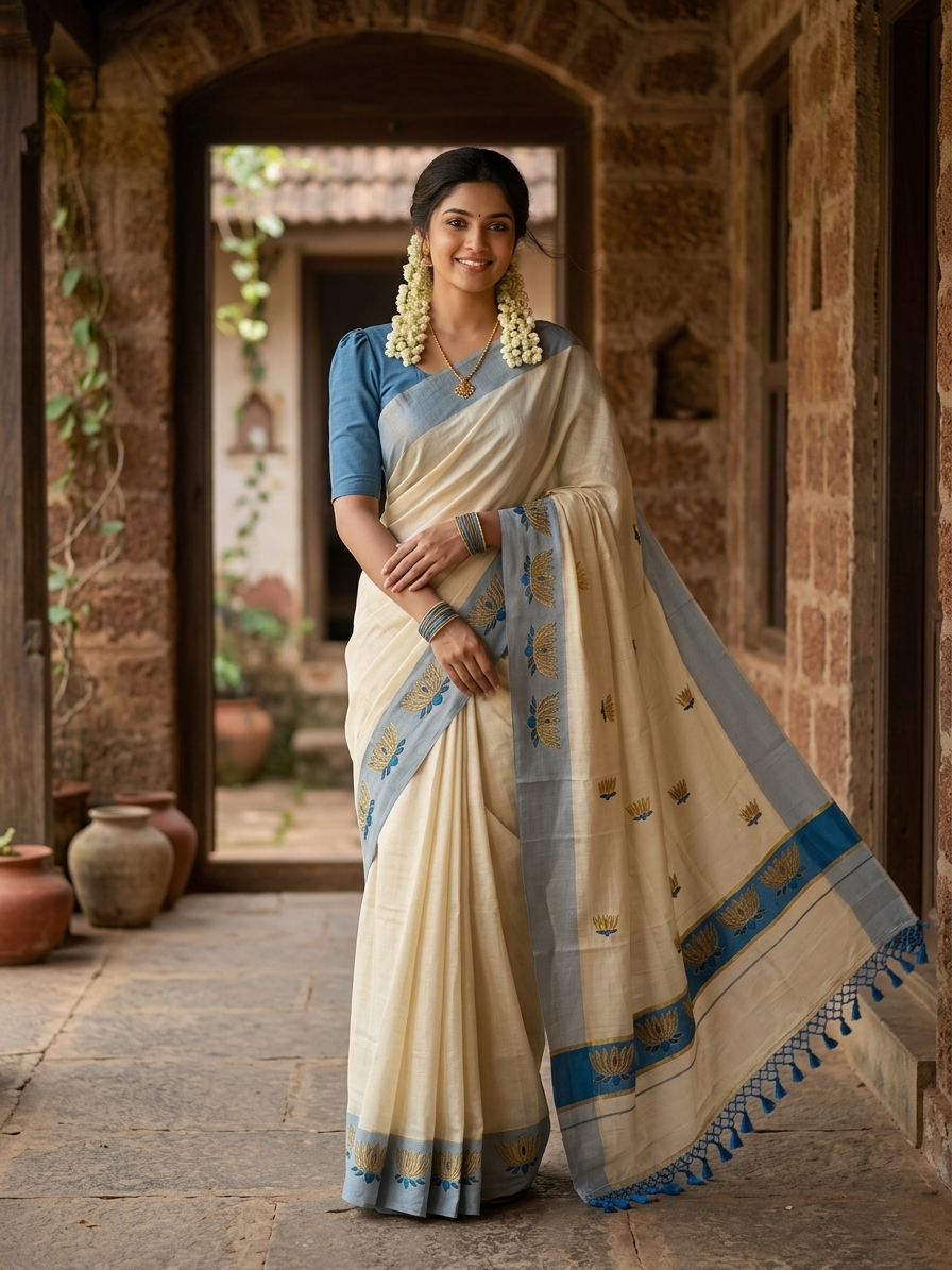 Southloom Kerala Tissue Kasavu Saree with Blue And Golden Lotus Embroidary Works on Body SL273