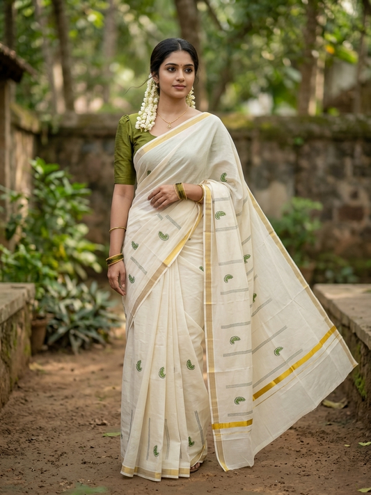 Southloom Kerala Cotton Kasavu Saree with Peacock Embroidery Works Across Body