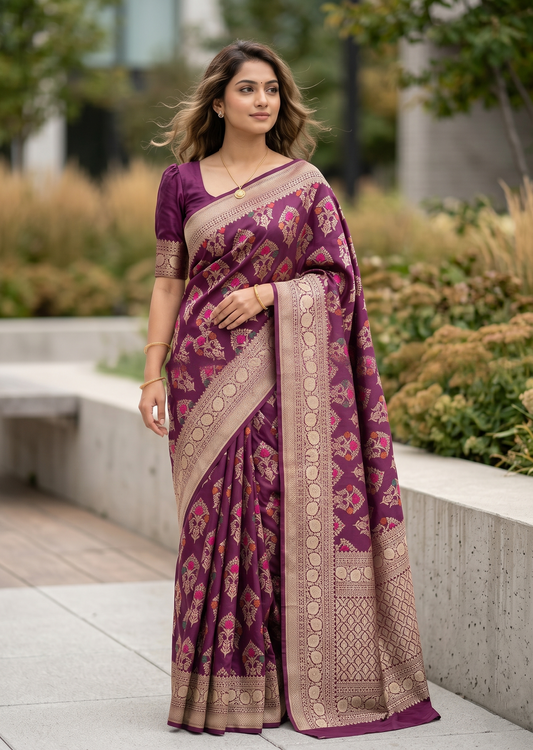 Southloom Pure Banarasi Silk Saree with Woven Work on Body and Borders (Purple)