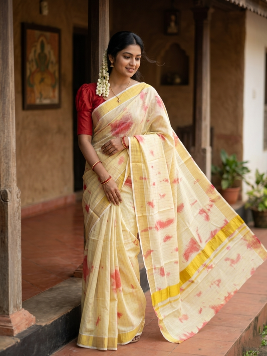 Southloom Tissue Dyed Pattern Pink Design Saree with Kasavu Lines Across Body