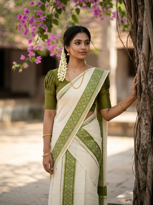 Kerala Cotton Single Set Mundu (Mundum Neriyathum) with Green Block printed Border 2.80 mtr SL329