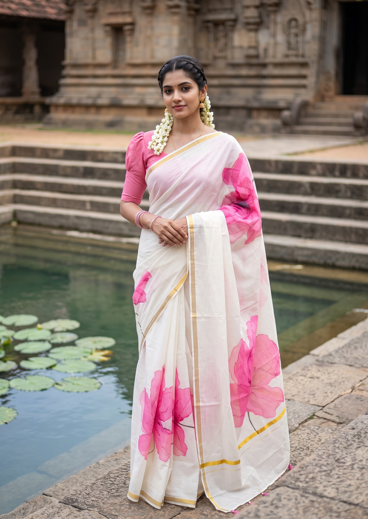 Kerala Southloom Cotton Saree with Floral Prints in Pink and Gold Border