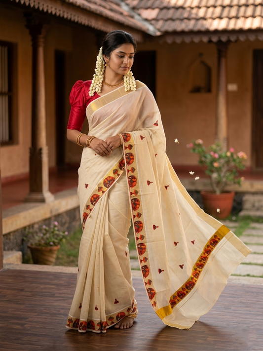 Southloom Tissue Kerala Kasavu Saree with Elephant Embroidery Design