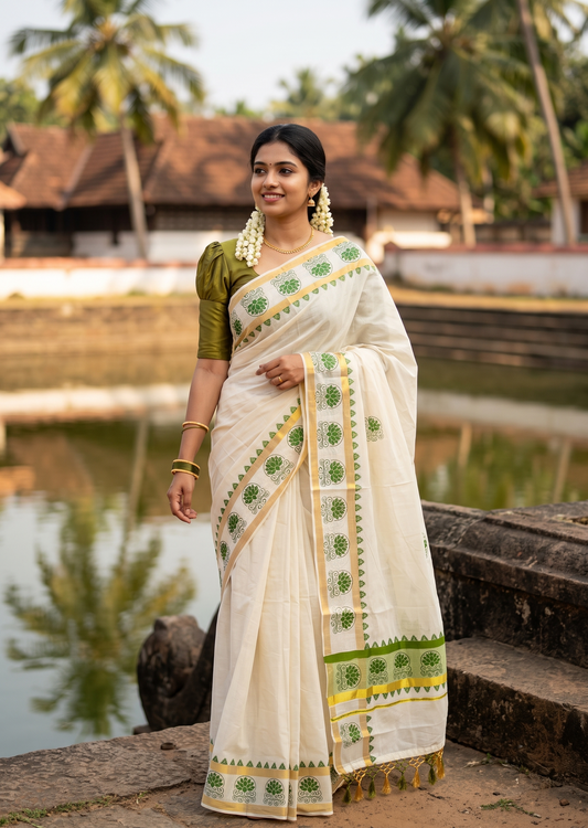 Southloom Cotton Kerala Kasavu Saree with Digital Print On Body With Temple Borders With Tussles In Olive Green SL519
