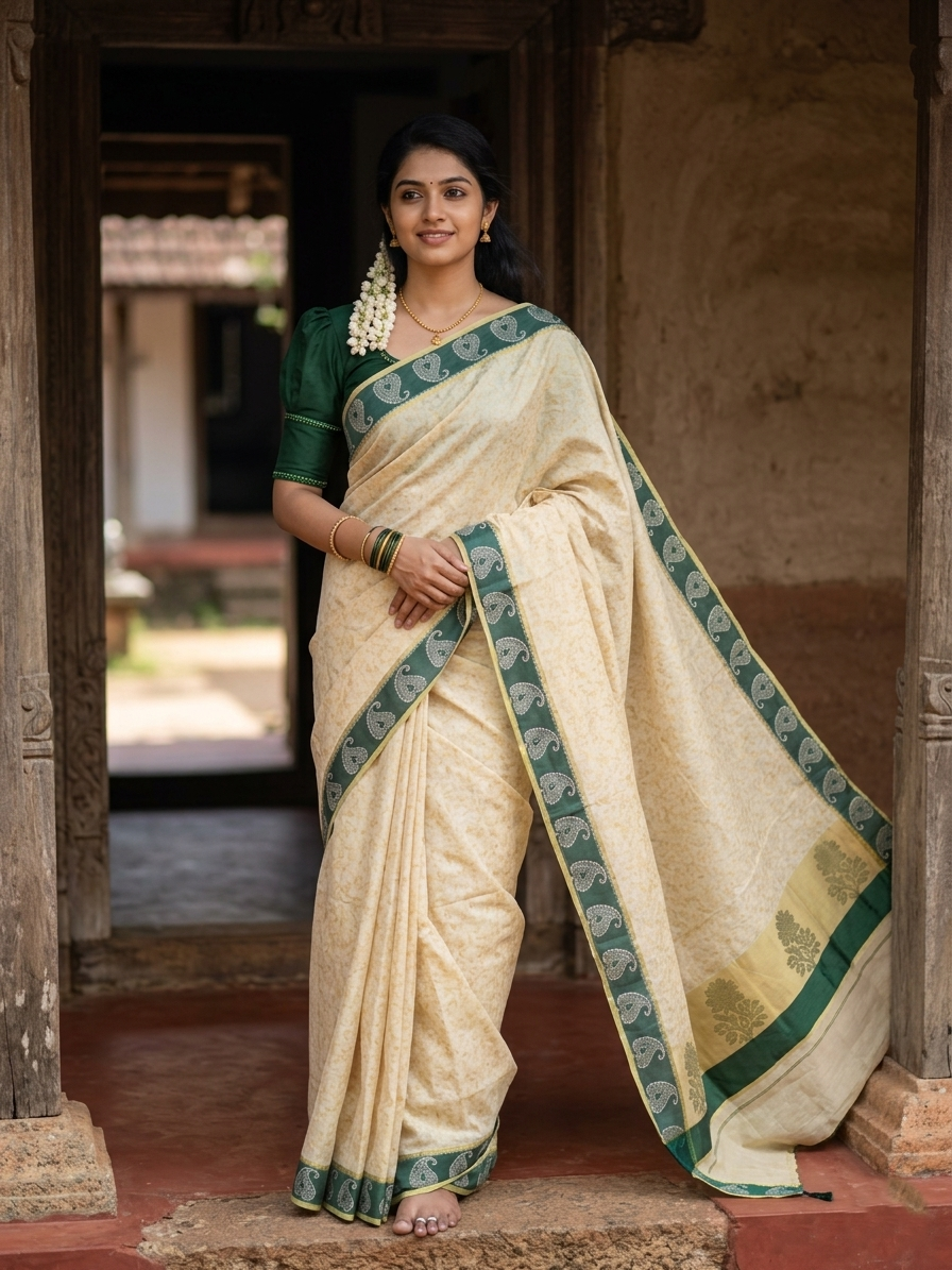 Southloom Kerala Tissue Kasavu Printed Saree with Green Floral Embroidery Works and Tassels