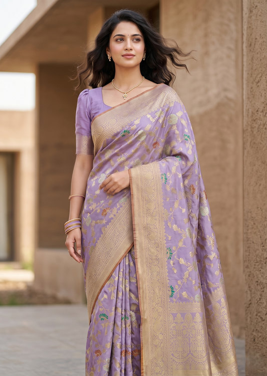 Southloom Pure Banarasi Silk Saree with Woven Work on Body and Borders (Lavender)