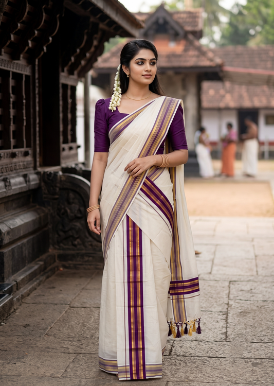 Southloom Kerala Cotton Single Set Mundu (Mundum Neriyathum) with Kasavu In Purple With Tussles SLKK SL518