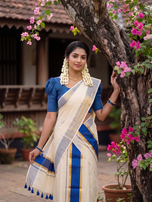 Southloom Kerala Tissue Kasavu Set Mundu (Mundum Neriyathum) with Blue Border Tassels on Pallu in 2.80 Mtrs SL381