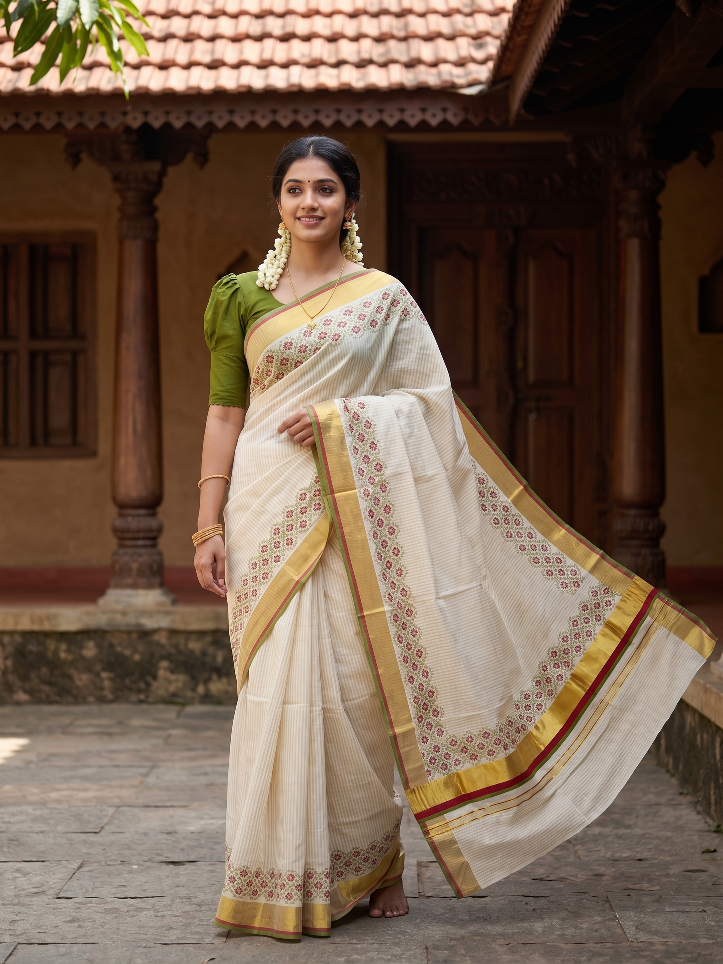 Southloom Kerala Cotton Kasavu Saree with Stripes And Floral Design on Body In Maroon and Olive Green Border SL357