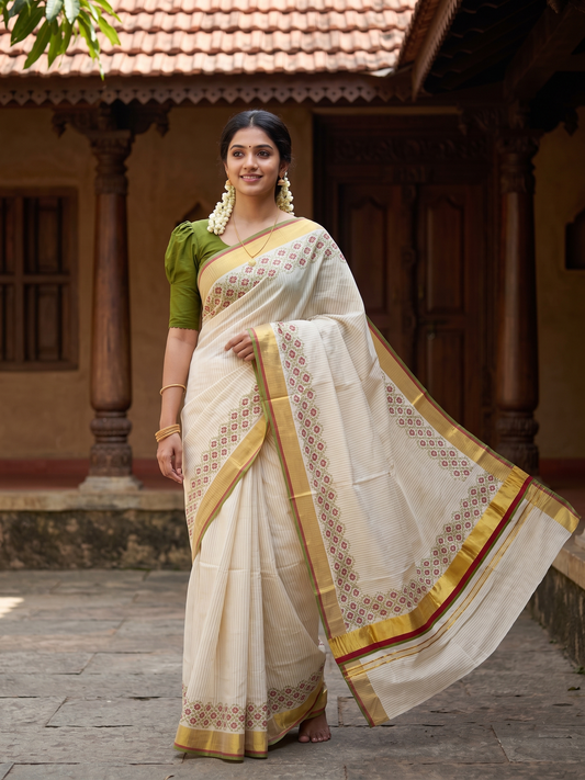 Southloom Kerala Cotton Kasavu Saree with Stripes And Floral Design on Body In Maroon and Olive Green Border SL357