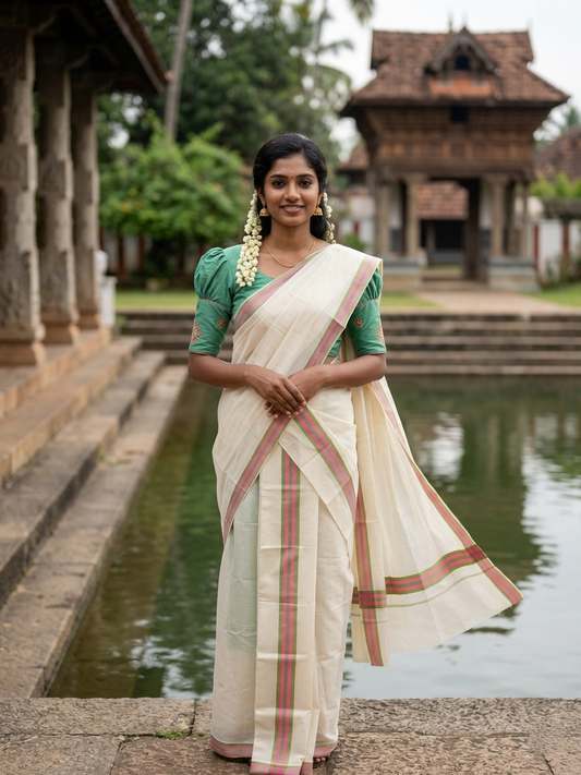 Southloom Pure Cotton Kerala Single Mulloth Set Mundu (Mundum Neriyathum) Pink & Green Border 2.50 Mtrs SL243