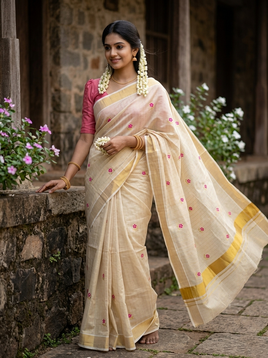 Southloom Kerala Tissue Kasavu Saree with Pink Floral Embroidery on Body