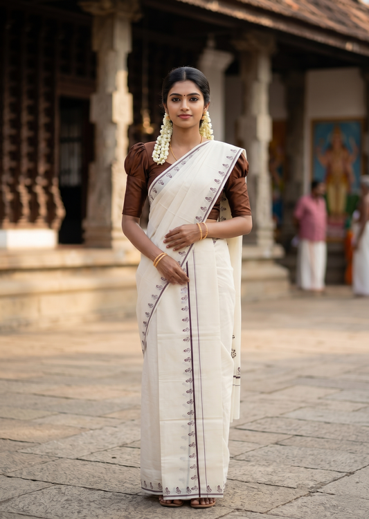 Southloom Pure Cotton Kerala Single Set Mundu (Mundum Neriyathum) with Digital Prints in Brown 2.80 Mtrs SL359
