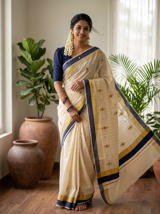 Southloom Kerala Tissue Kasavu Lines Saree with Golden And Blue Embroidery Works