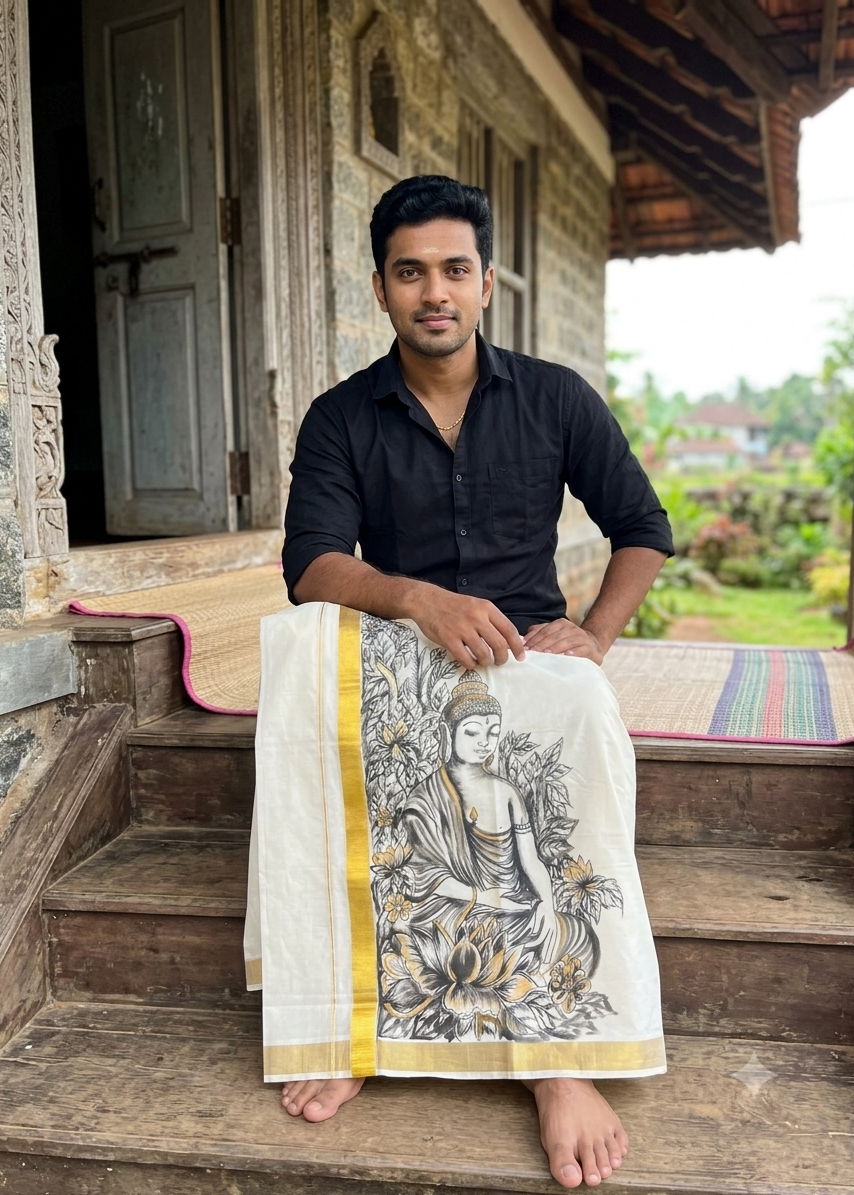 Kerala Cotton Handpainted Dhoti ( Double Mundu )  SL330