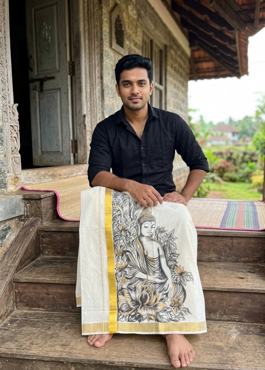 Kerala Cotton Handpainted Dhoti ( Double Mundu ) SL330