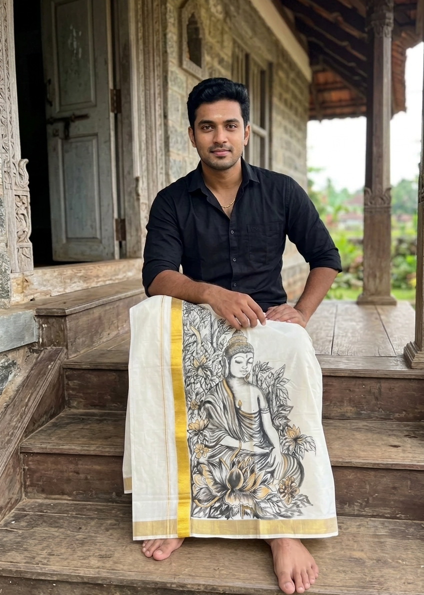 Kerala Cotton Handpainted Dhoti ( Double Mundu )  SL330