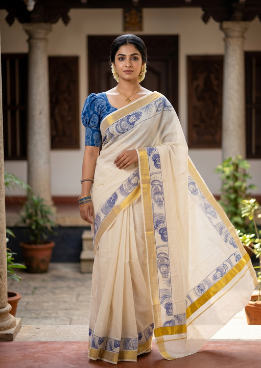 Southloom Cotton Kerala Kasavu Saree with Theyyam Mural Painted Design In Blue SL486