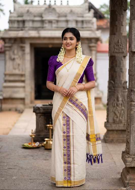Southloom Kerala Cotton Kasavu Single Set Mundu (Mundum Neriyathum) with Peacock Design in Violet SL527
