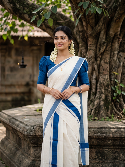 Southloom Kerala Cotton Mundum Neriyathum Single (Set Mundu) with Blue Border 2.80 Mtrs